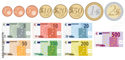 Euro Währung komplettes Set von Münzen und Scheine photo