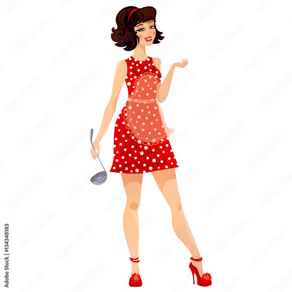 housewife character on red dress on white background housewife character on red dress on white background