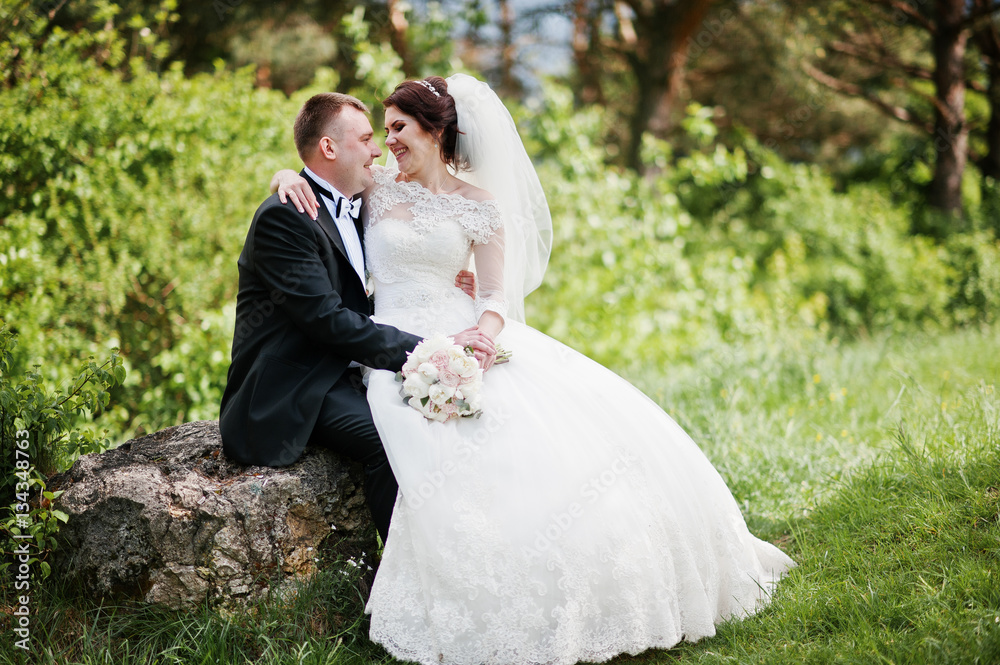 Lovely wedding couple sitting on big stone background beautiful Lovely wedding couple sitting on big stone background beautiful