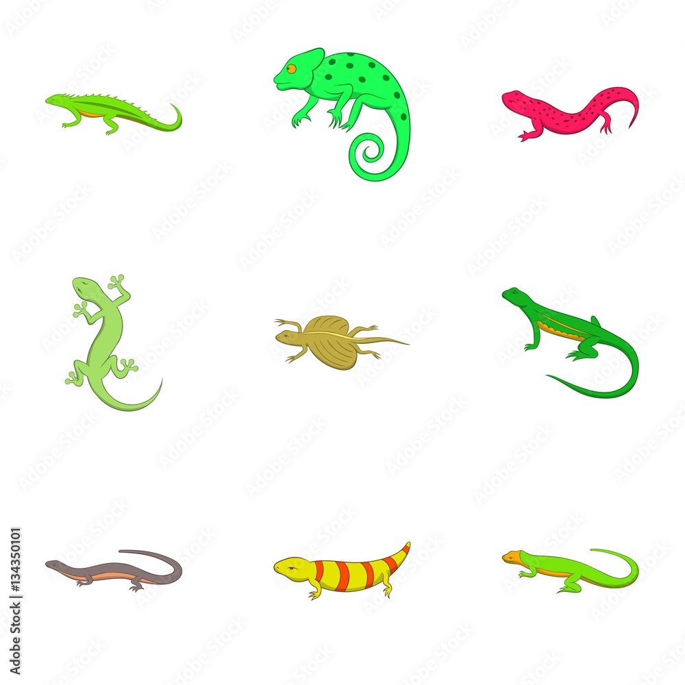Fototapeta premium Amphibian icons set, cartoon style