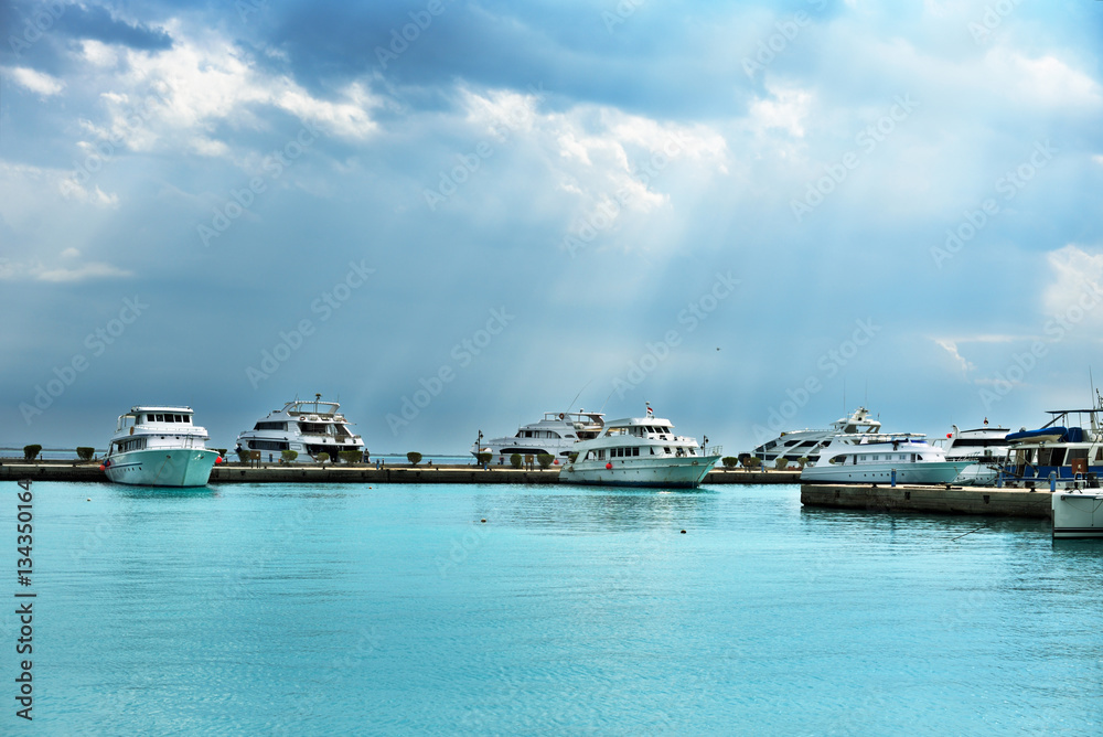 yacht in the sea port cloudy weather, horizontal yacht in the sea port cloudy weather, horizontal