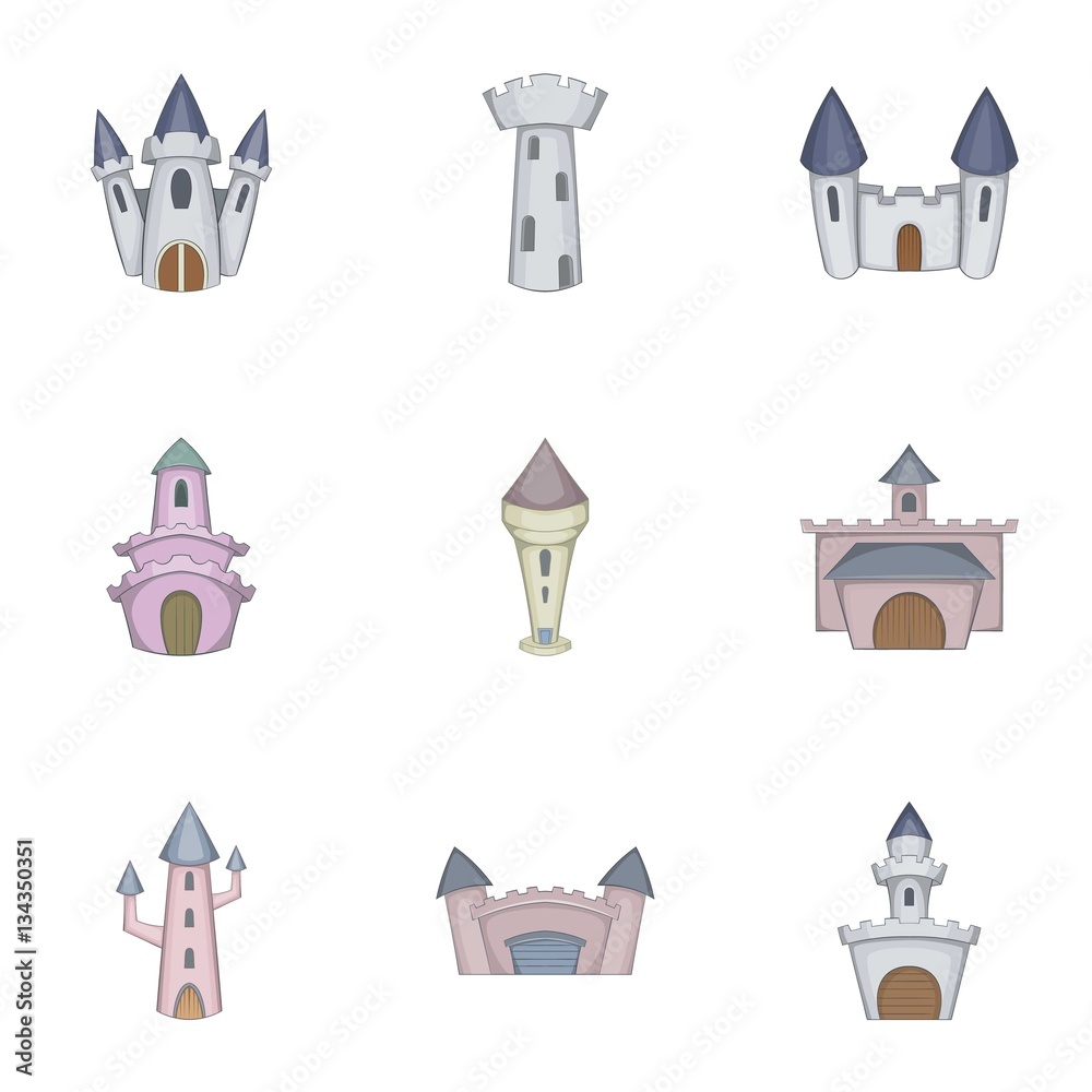 Castle tower icons set, cartoon style