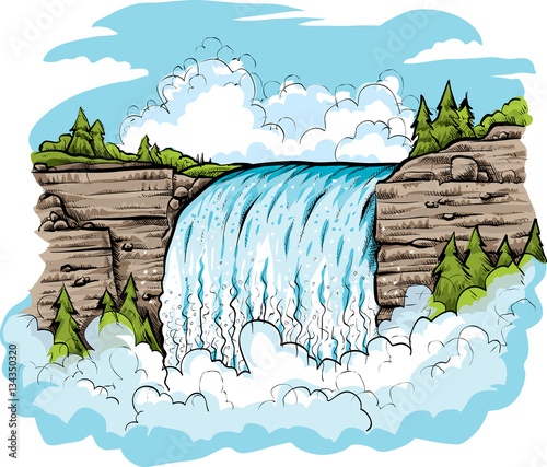 A cartoon illustration of a pristine waterfall flowing over a rocky cliff.