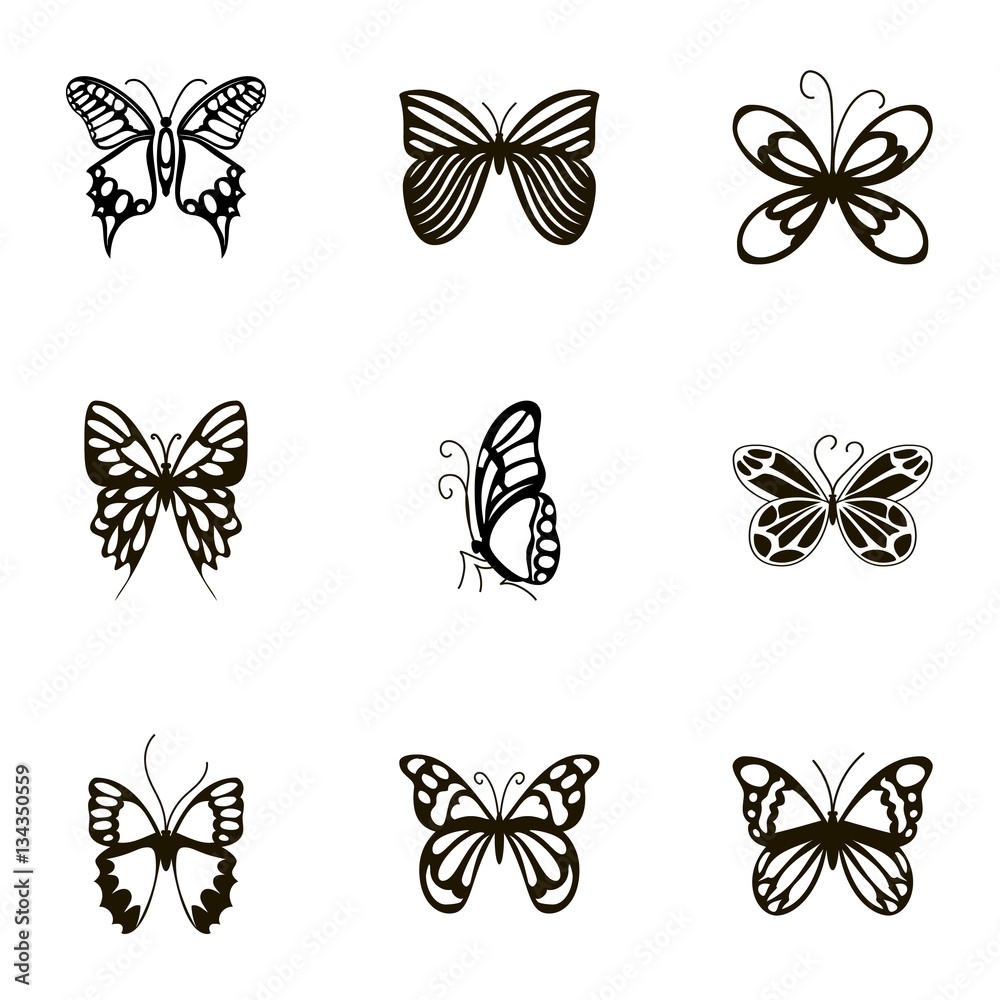 Black beautiful butterflies icons set Black beautiful butterflies icons set