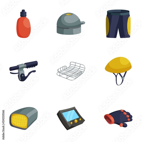 Biking accessories icons set, cartoon style