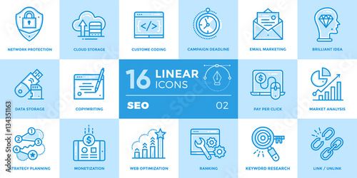 Vector collection of line icons for startup business in blue tone style. Modern outline icons for mobile application and web concepts