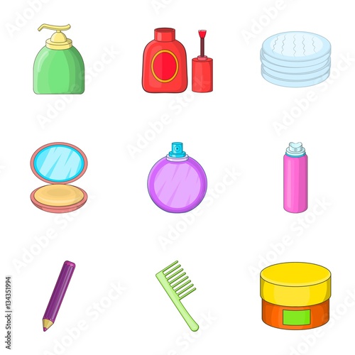 Decorative cosmetic icons set, cartoon style