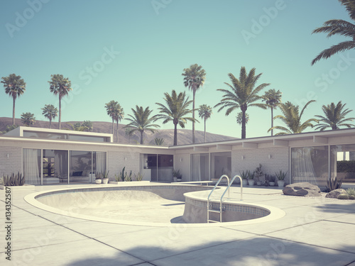 View of swimming pool and modern home exterior. 3d rendering