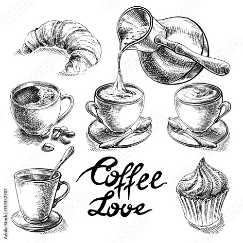 Coffee and desserts vector set illustration.