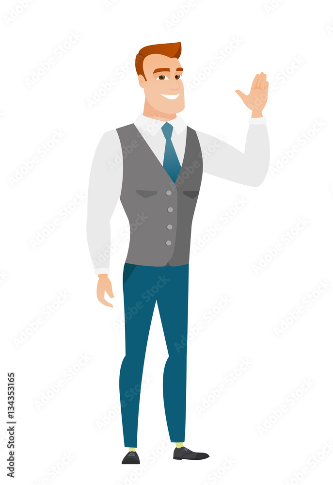 Young caucasian businessman waving his hand. Young caucasian businessman waving his hand.