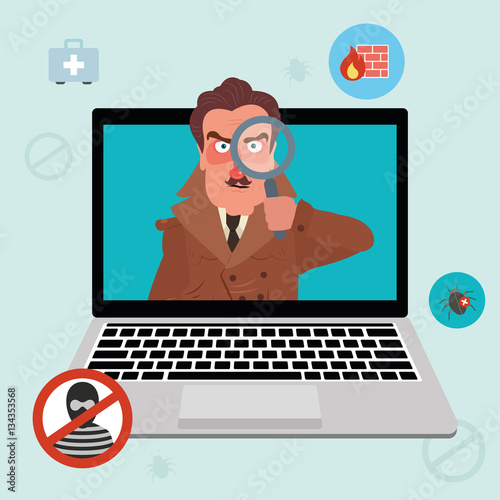 Internet security and spyware warning with detective. Computer attack and virus infection. Vector flat icons and illustrations