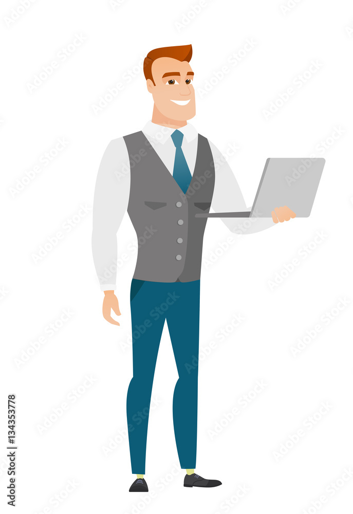 Business man using laptop vector illustration.
