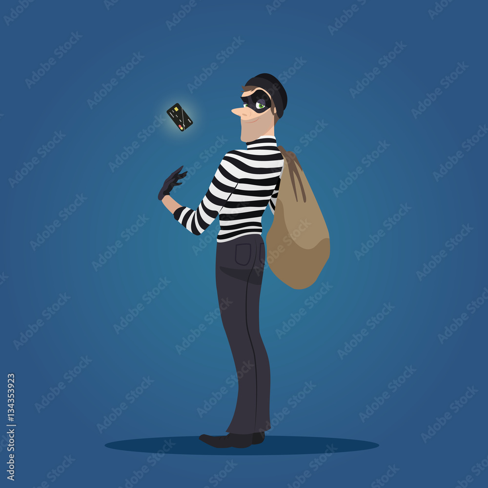 Robber with a stolen credit card and bag of stolen goods. Thief in