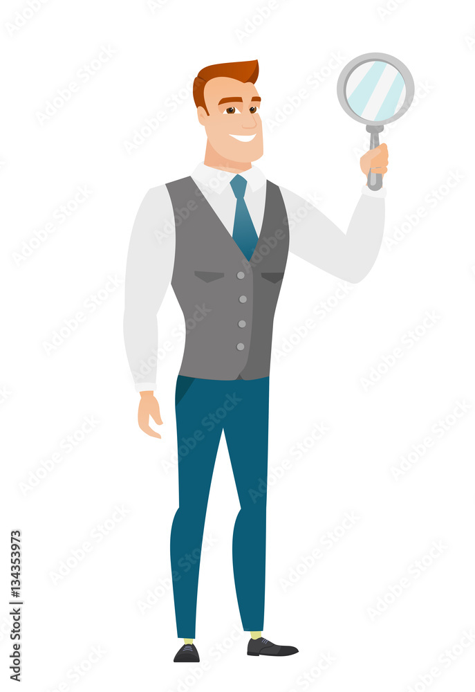 Caucasian business man holding hand mirror. Caucasian business man holding hand mirror.