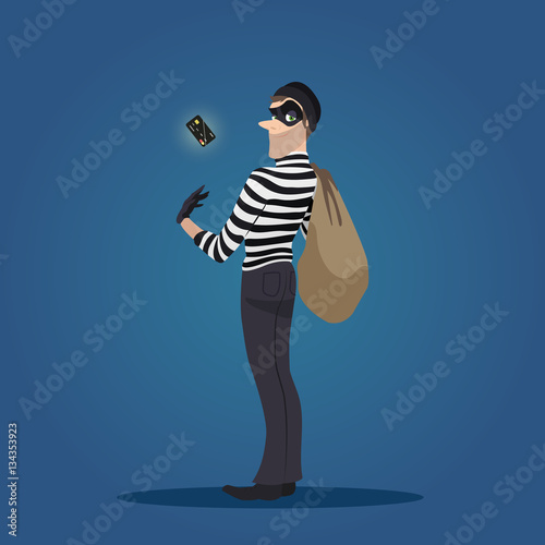 Robber with a stolen credit card and bag of stolen goods. Thief in action, cartoon character, flat style, vector illustration