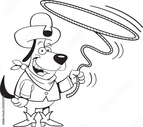 Black and white illustration of a dog dressed as a cowboy and twirling a lasso.