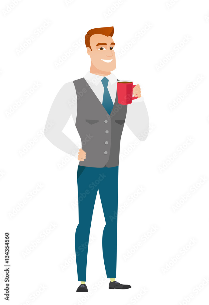 Young caucasian businessman holding cup of coffee.