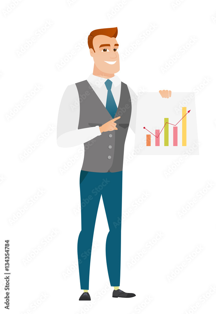 Caucasian business man showing financial chart.