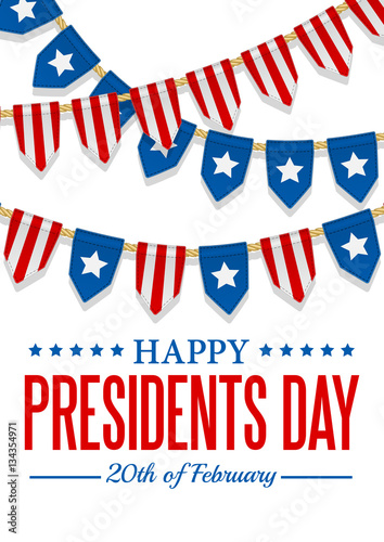 Presidents Day background. USA patriotic template with text, stripes and stars. Vector colorful bunting decoration. Garland, pennants on a rope for american party, festival, celebration, special event