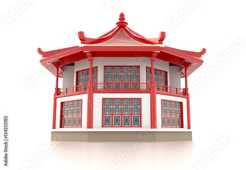 3D red Chinese pavilion temple building in white background