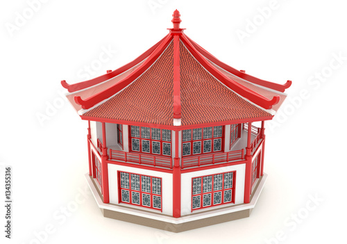 Upper view of 3D red Chinese pavilion temple building in white b