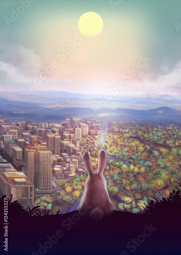 Cartoon illustration of cute white rabbit bunny standing on the hill watching urban cityscape and forest landscape below with afternoon sun in the sky