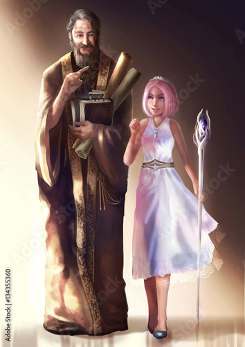 Cartoon illustration of a cute young queen or princess walking and discussing with an elder nobleman or high priest. In fantasy character design medieval age concept.