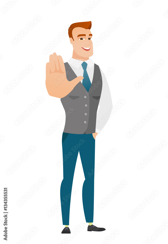 Caucasian business man showing palm hand. Caucasian business man showing palm hand.