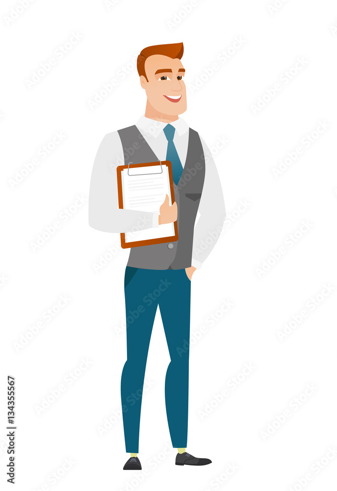 Businessman holding clipboard with papers. Businessman holding clipboard with papers.
