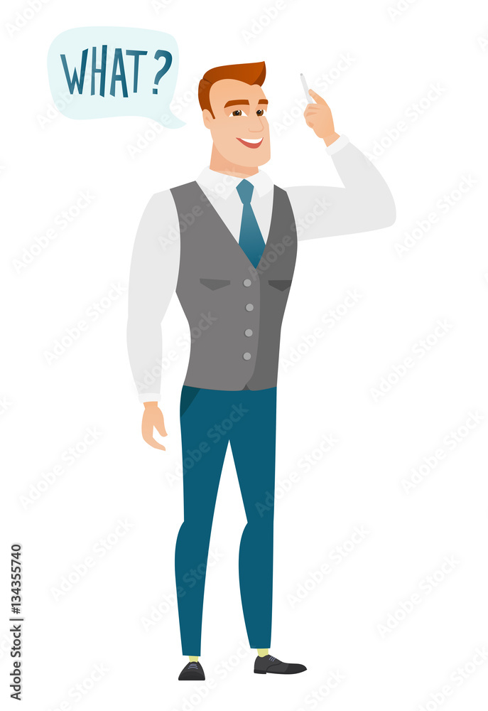 Businessman with question what in speech bubble Businessman with question what in speech bubble