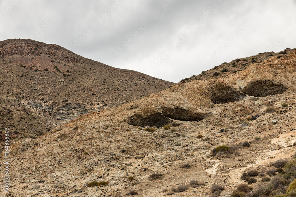 Landscape of volcanic origin located near the Escullos. Natural Park of Cabo de Gata. Spain.