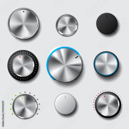 Realistic, metallic volume knob set with led light, for music and sound related designs.  photo
