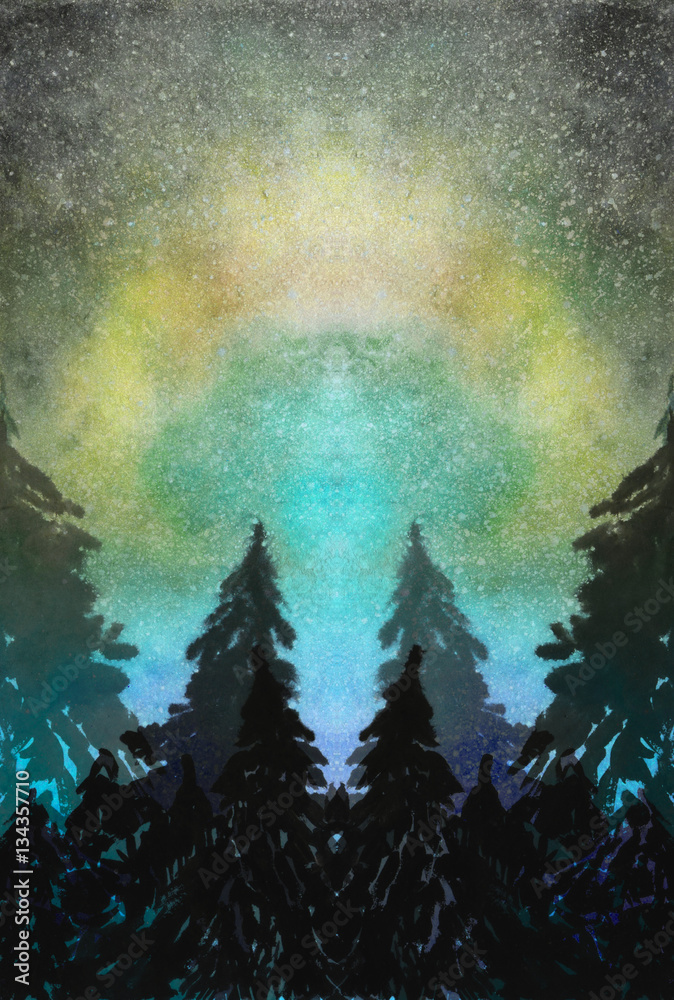 Watercolor landscape with forest on aurora polaris lights background