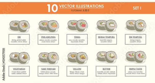 HAND-DRAWN vector illustrations set - japan food - futomaki photo