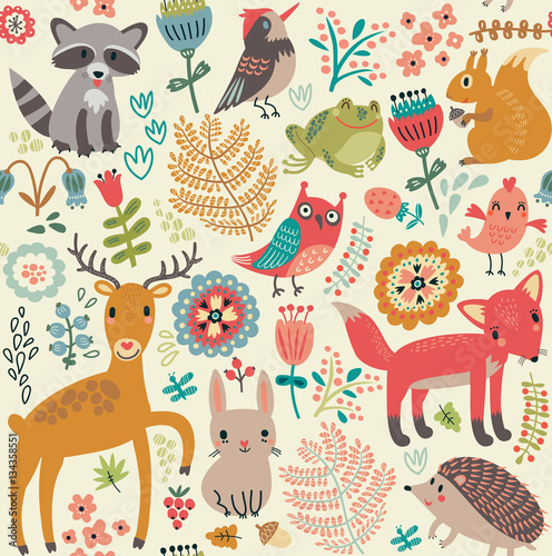 Seamless pattern, animals in the forest