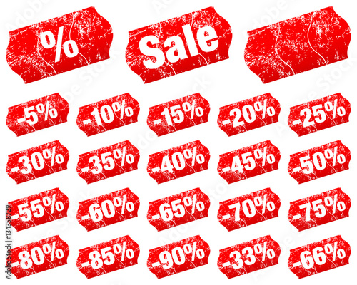Set Red Price Tags "Sale" Minus Divided Scratches