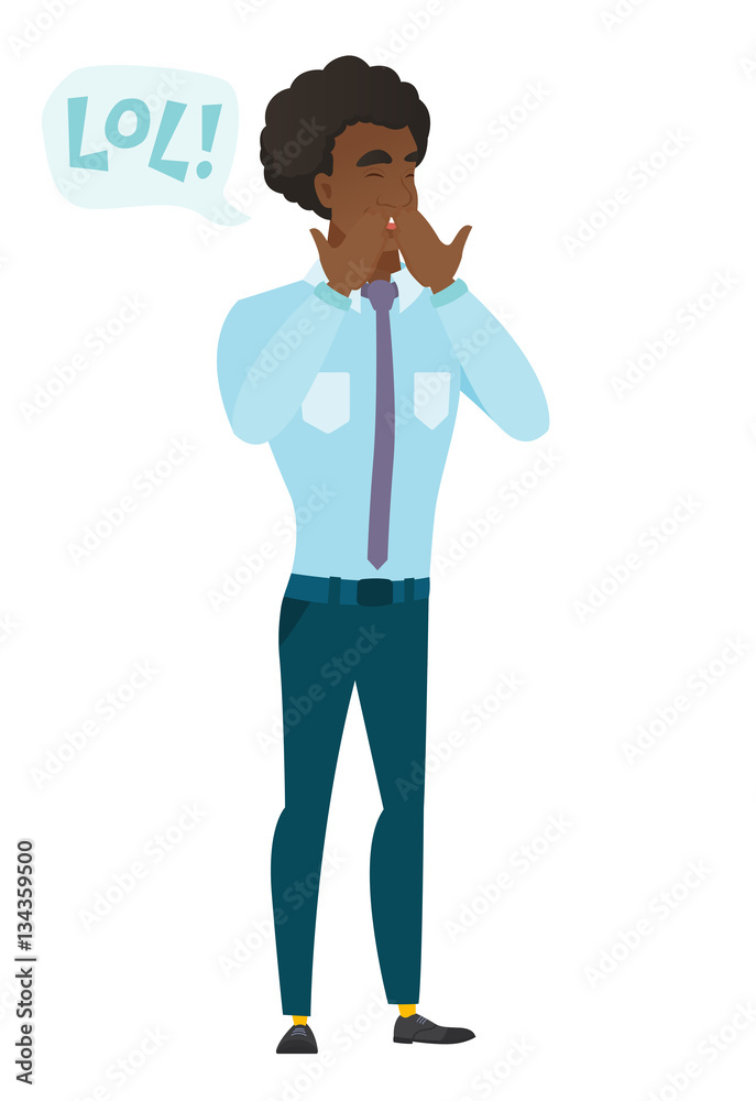 Young caucasian businessman laughing out loud.