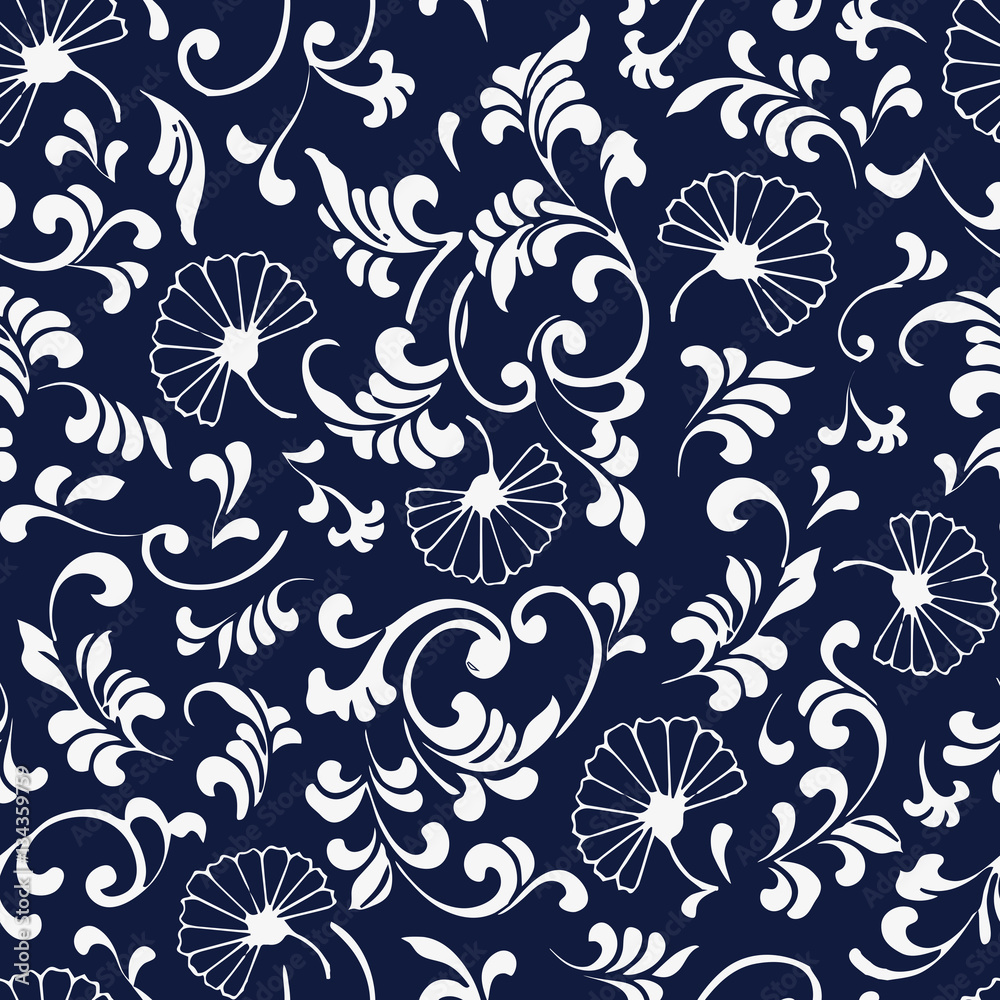 Seamless Blue Japanese Background Curve Spiral Leaf Flower Seamless Blue Japanese Background Curve Spiral Leaf Flower