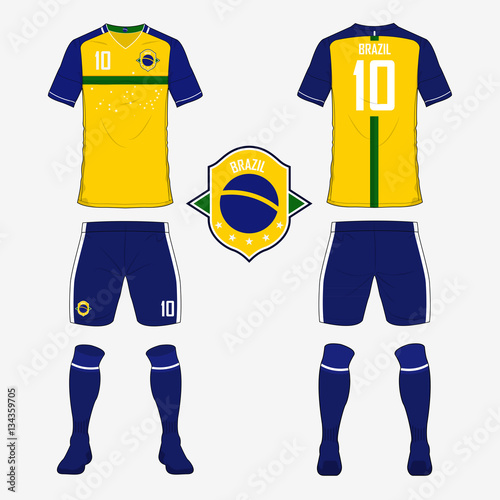 Set of soccer jersey or football kit template for Brazil national football team. Front and back view soccer uniform. Sport shirt mock up. Vector Illustration