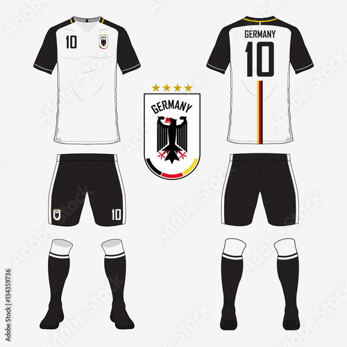 Set of soccer jersey or football kit template for Germany national football team. Front and back view soccer uniform. Sport shirt mock up. Vector Illustration