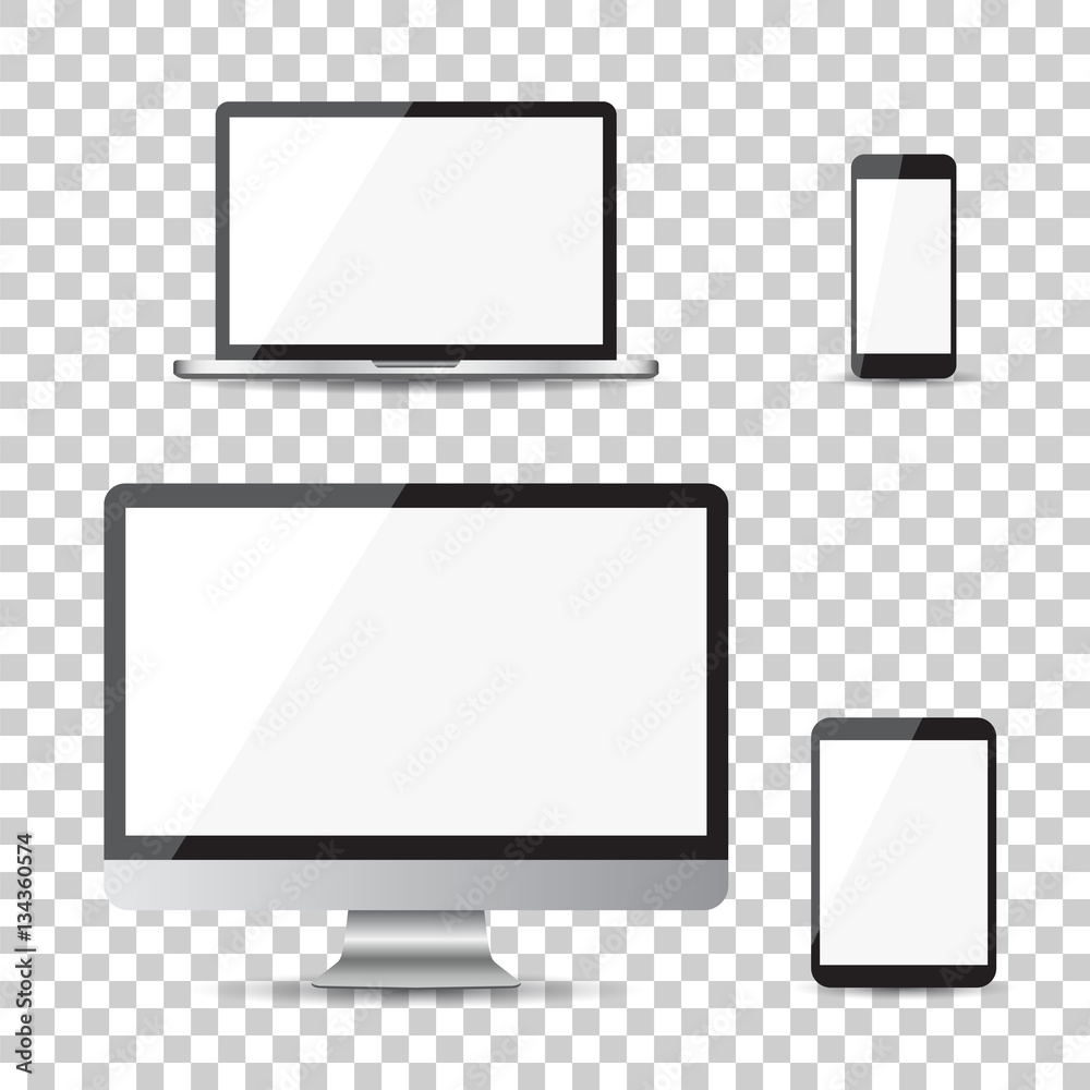 Realistic device flat Icons: smartphone, tablet, laptop and desktop computer. Vector illustration on isolated background Realistic device flat Icons: smartphone, tablet, laptop and desktop computer. Vector illustration on isolated background