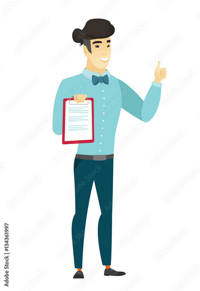 Businessman with clipboard giving thumb up.
