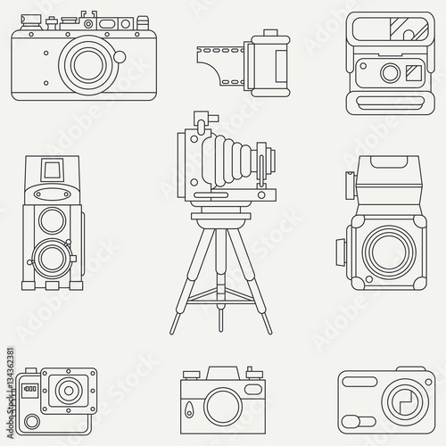 Line flat vector icon set with retro analog film cameras. Photography and art. Reflex 35mm photocamera. Cartoon style. Illustration and element for your design. Photographic lens. Simple. Monochrome.