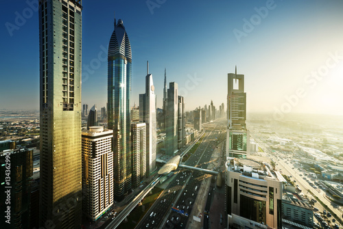 Dubai skyline in sunset time, United Arab Emirates