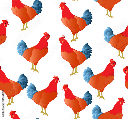 Happy New Year vector seamless pattern with colorful roosters, symbol of 2017 year photo