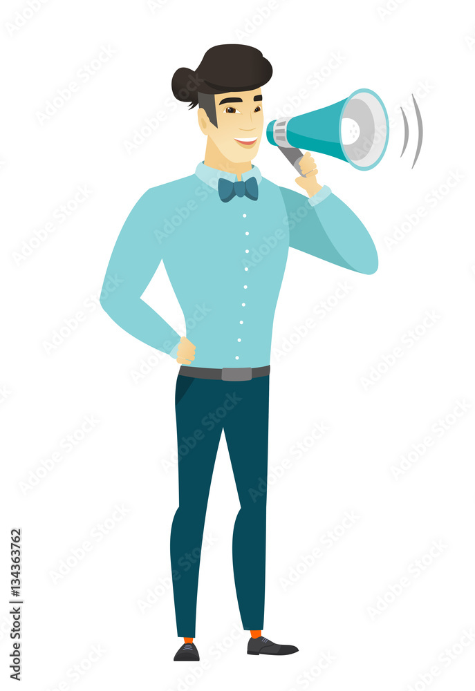 Fototapeta premium Asian businessman talking into loudspeaker.