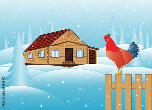 Winter landscape with rooster -- the symbol of upcoming 2017 year and wooden house among frozen snowhills. Happy new year and merry Christmas decorative background