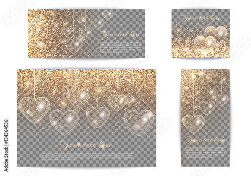 Set of romantic banners of different sizes in gold style. Luminous background with light flare. Glowing heart on a transparent backdrop.

