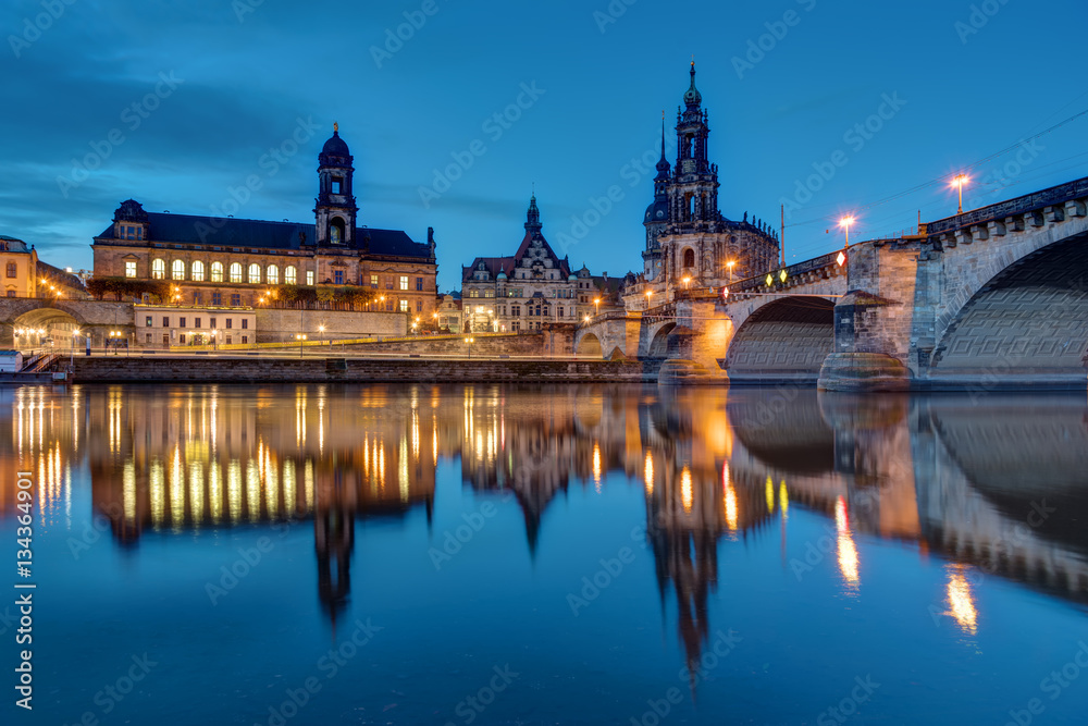 Downtown Dresden and the river Elbe and night