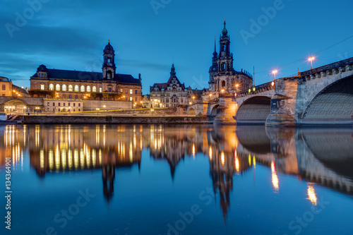 Downtown Dresden and the river Elbe and night
